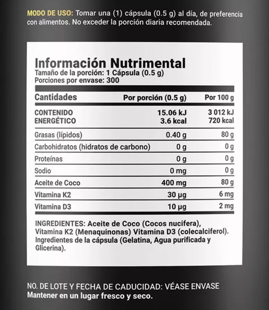 BLIFE Aceite de Coco, Vitamina D3 y K2 300 Caps 500 mg