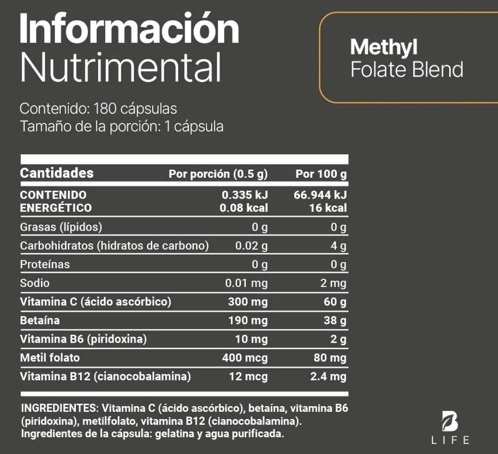 BLIFE Methyl Folate Blend | Mezcla a base de Metilfolato, Vitamina C, Vitamina B6 y B12 180 caps 500 mg