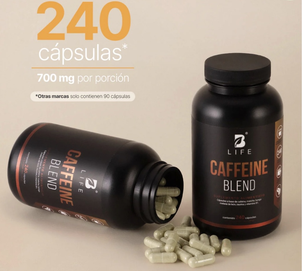 BLIFE Caffeine Blend | Mezcla a base de Cafeina, Matcha, Hongo Melena de Leon, Taurina y Vitamina B1 240 caps 700 mg